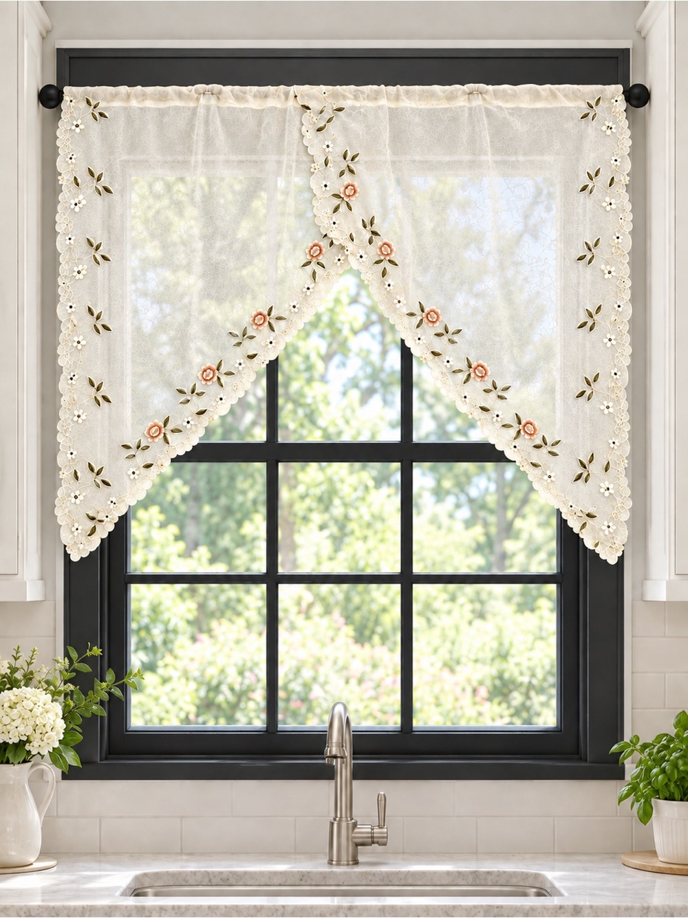 Vintage Floral Embroidered Lace Kitchen Window Valance